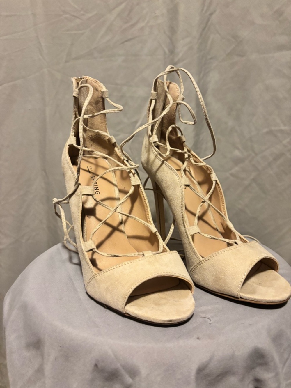 Call It Spring Lace-Up Peep Toe Heels in Beige Lace Strappy Classic High Heel